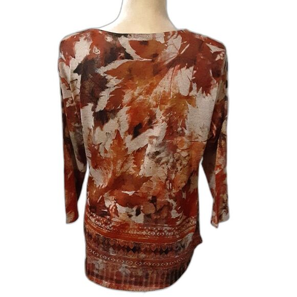 Energe world wear Fall tone pullover top 3/4 sleeves leaf pattern sz L - Picture 3 of 5
